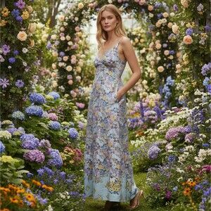 STITCH DROP Maxi Dress XL Ditsy Floral Sleeveless Smocked Pockets Side Zip Boho